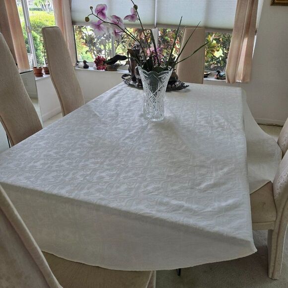 Vintage Handmade Tablecloth Textured Fabric Beige Rounded Oblong 89” x 68” - Picture 1 of 6